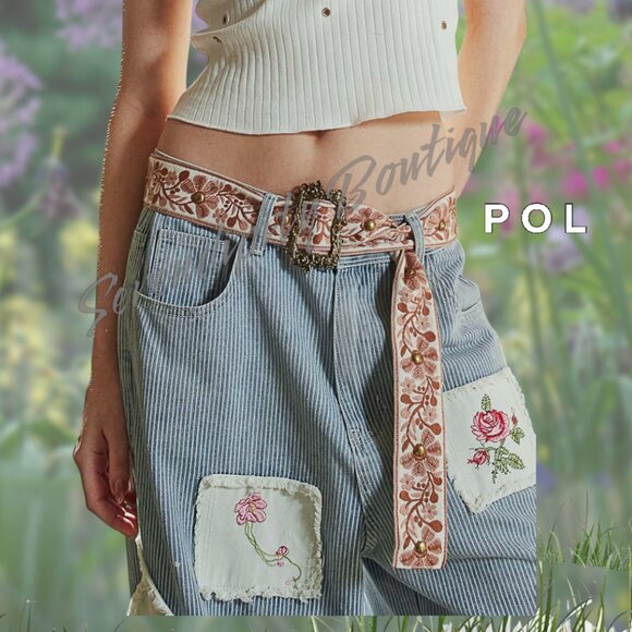 POL Floral Embroidered Mauve & Soft Rose Natural Cotton Twill Fabric Wide Belt - Picture 4 of 8